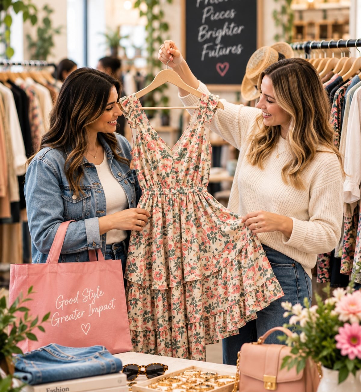 Two shoppers holding up a floral dress