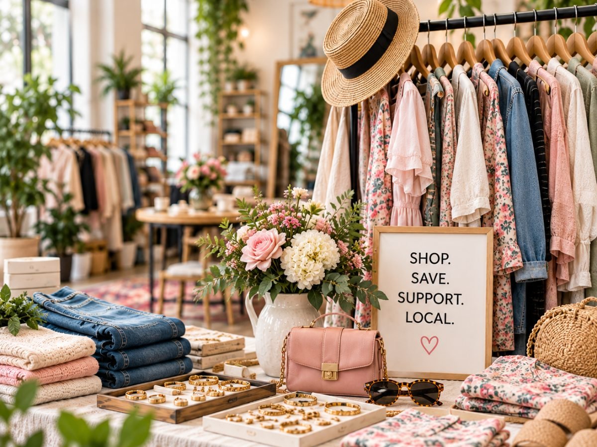 Styled rack of clothing and accessories at a Windfall Wardrobe pop-up