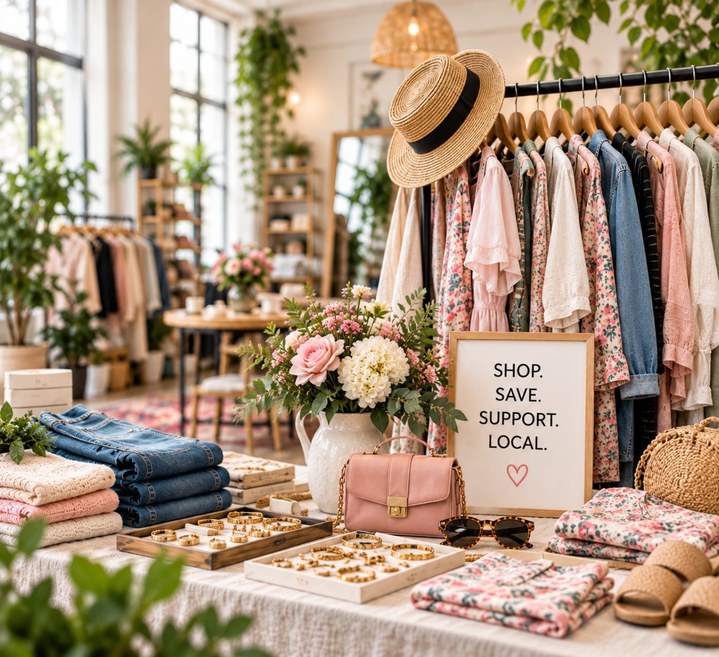 Styled rack of clothing and accessories at a Windfall Wardrobe pop-up