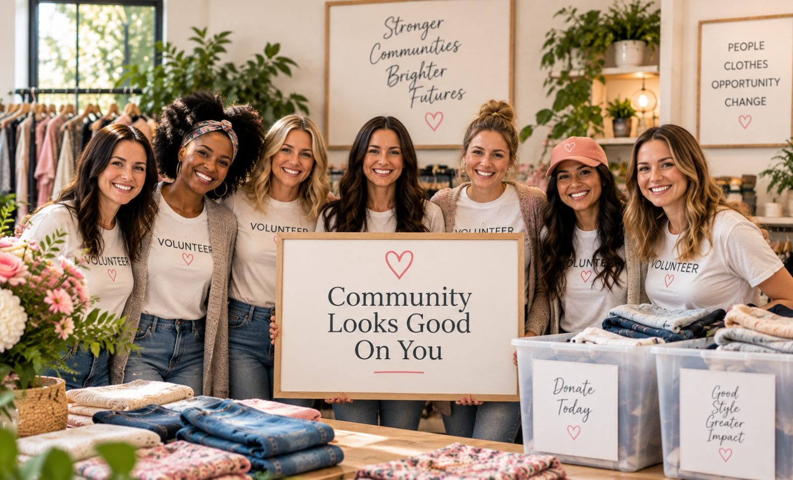 Volunteers holding a Community Looks Good On You sign